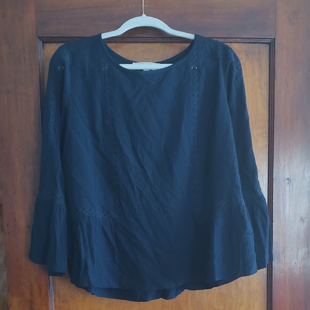 LOFT Navy Long-Sleeve Peplum Eyelet Blouse